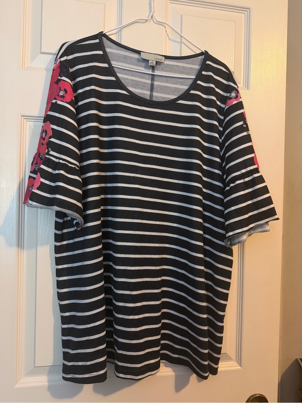 Black & White Striped Women's Tee with Pink Floral Sleeve Panels